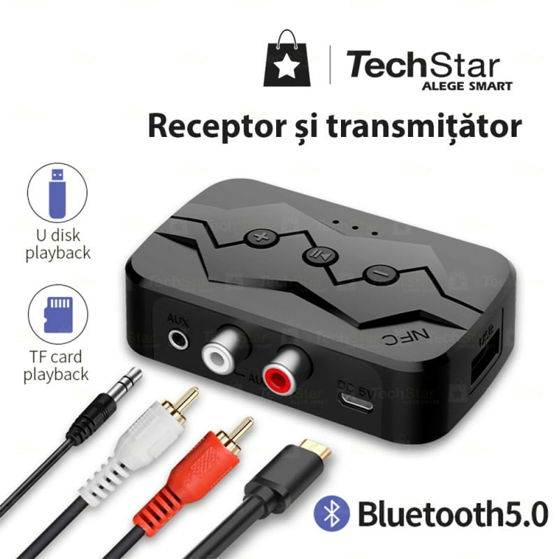 Adaptor Bluetooth Techstar® M23, transmitator si receptor pentru TV/PC/Sistem de sunet pentru casa, Jack 3.5mm, Micro - 2 | YEO