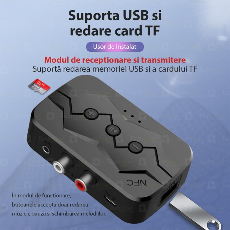 Adaptor Bluetooth Techstar® M23, transmitator si receptor pentru TV/PC/Sistem de sunet pentru casa, Jack 3.5mm, Micro - 3 | YEO