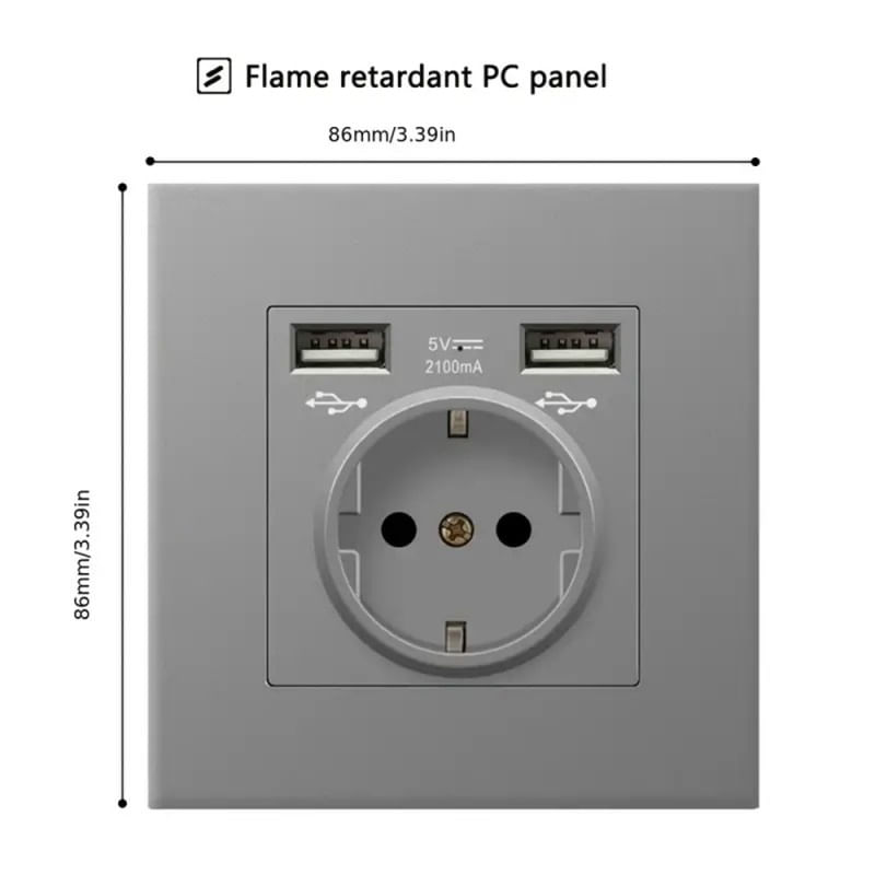 Priza de Perete cu 2 Porturi USB Techstar® TS-PC, 110-250V, 16A, Ignifuga, 86x86mm, Gri - 1 | YEO