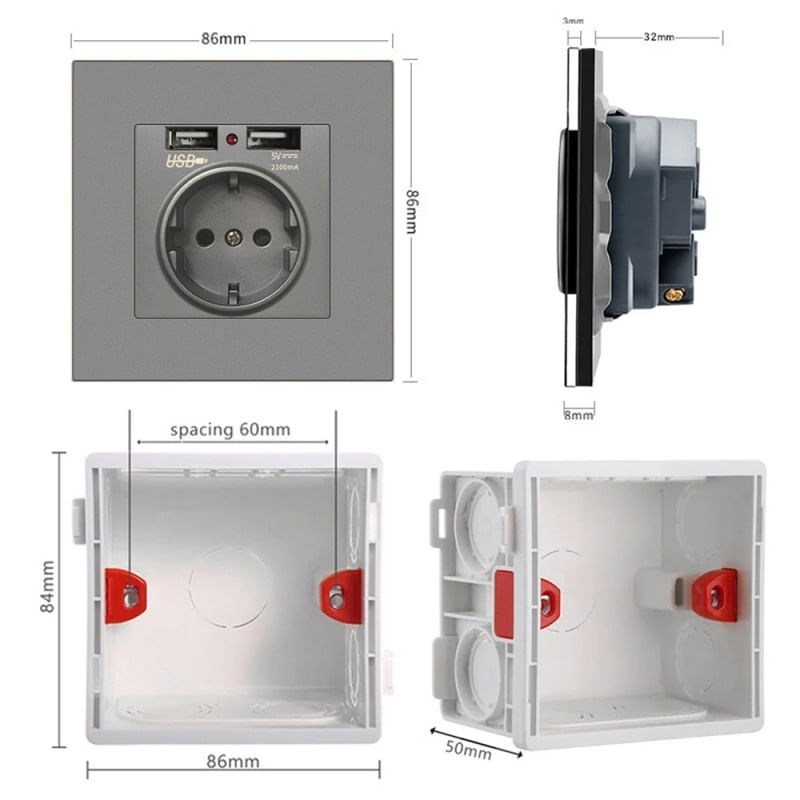 Priza de Perete cu 2 Porturi USB Techstar® TS-PC, 110-250V, 16A, Ignifuga, 86x86mm, Gri - 3 | YEO