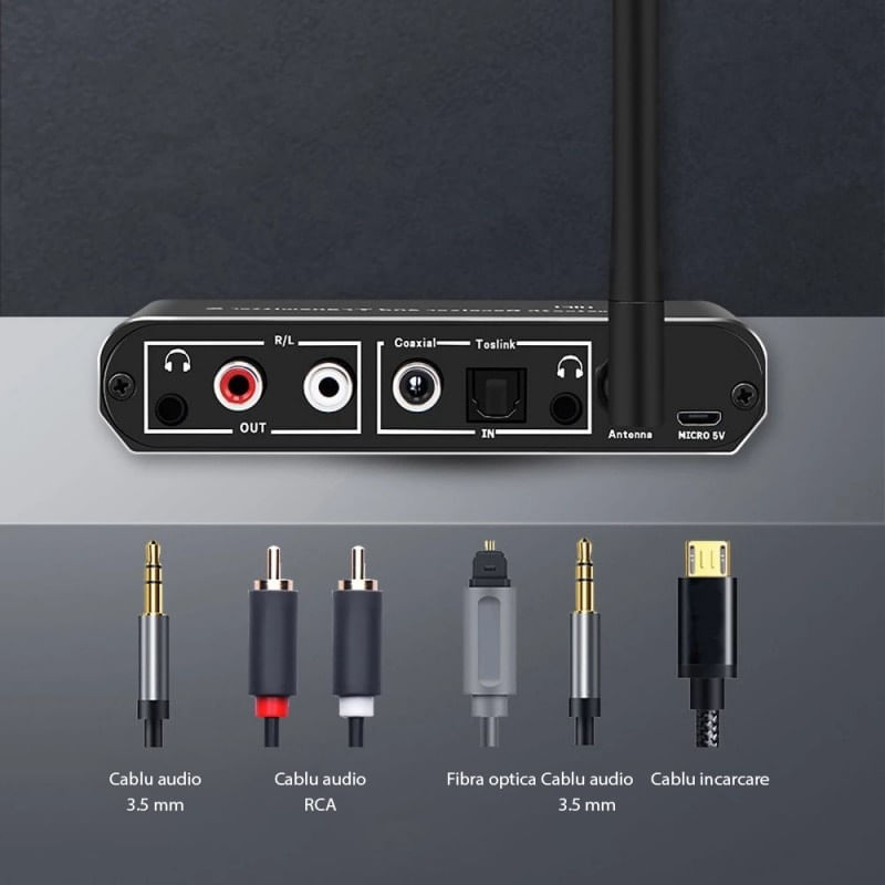 Convertor Audio Digital la Analog Techstar® OT15, Compatibil Bluetooth 5.0, DC 5V, AUX 3.5 mm, Cablu audio optic, RCA - 1 | YEO