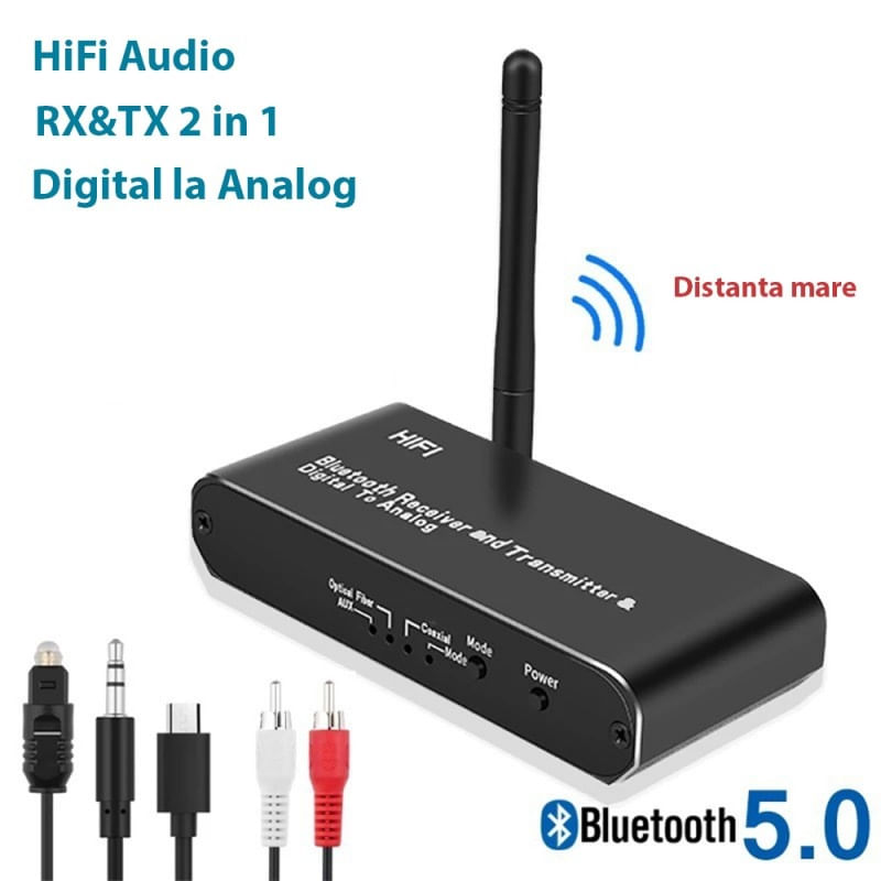 Convertor Audio Digital la Analog Techstar® OT15, Compatibil Bluetooth 5.0, DC 5V, AUX 3.5 mm, Cablu audio optic, RCA - 3 | YEO