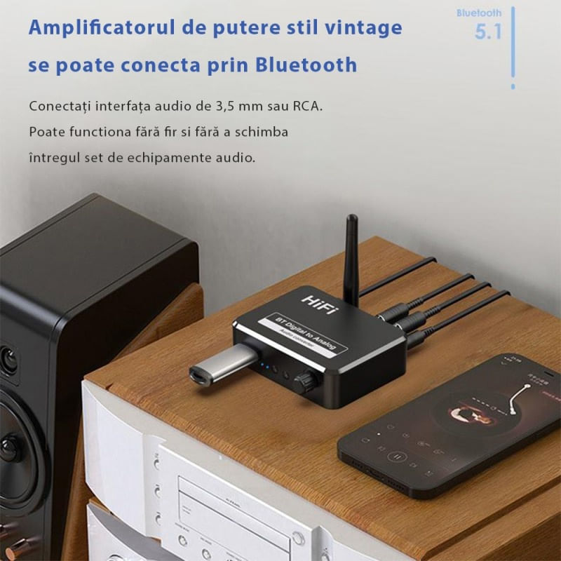 Convertor Audio Digital la Analog Techstar® OT13, Compatibil Bluetooth 5.1, USB, AUX 3.5 mm, Cablu audio optic, RCA