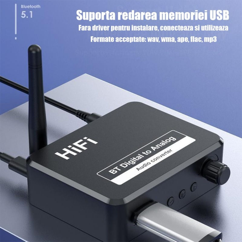 Convertor Audio Digital la Analog Techstar® OT13, Compatibil Bluetooth 5.1, USB, AUX 3.5 mm, Cablu audio optic, RCA