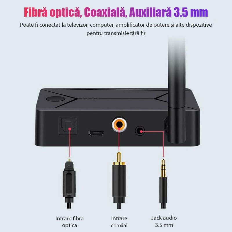 Convertor Audio Digital la Analog Techstar® OT14, Compatibil Bluetooth 5.0, DC 5V, AUX 3.5 mm, Cablu audio optic, RCA