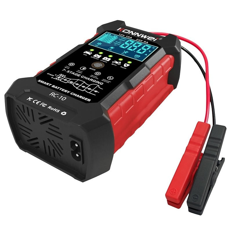 Incarcator inteligent pentru baterii auto Konnwei RC-10, 12V/24V, 5A/10A, Afisaj LCD, Functie Puls Reparare