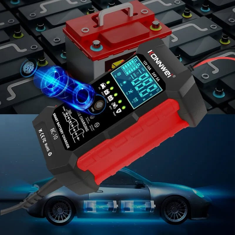 Incarcator inteligent pentru baterii auto Konnwei RC-10, 12V/24V, 5A/10A, Afisaj LCD, Functie Puls Reparare - 4 | YEO