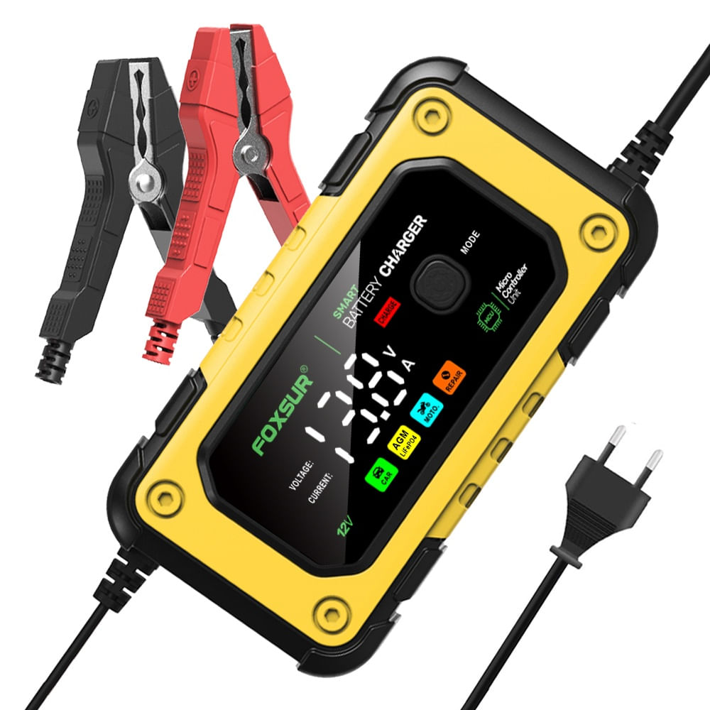 Redresor Auto Digital FOXSUR 12V 7A cu Ecran LED, Incarcare Baterii Auto si Moto 4Ah-140Ah, Functie de Reparatie prin