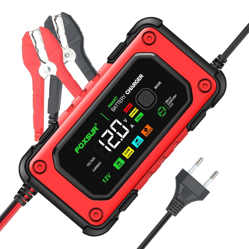 Redresor Auto Digital FOXSUR 12V 7A cu Ecran LED, Incarcare Baterii Auto si Moto 4Ah-140Ah, Functie de Reparatie prin