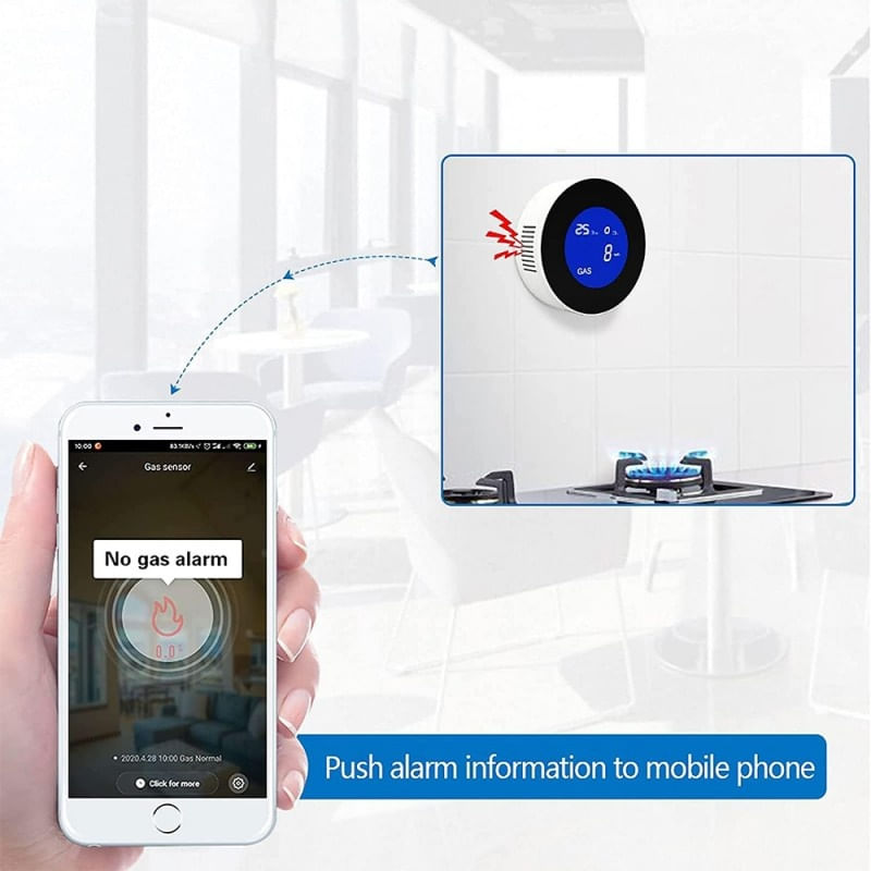 Detector de scurgeri de gaz si alarma de incendiu Techstar®, Wi-Fi, 150mA, Afisaj LCD, Control APP Tuya, Notificari