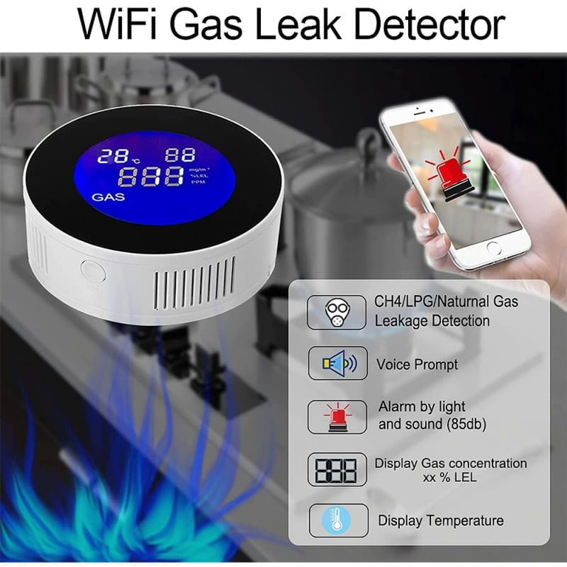 Detector de scurgeri de gaz si alarma de incendiu Techstar®, Wi-Fi, 150mA, Afisaj LCD, Control APP Tuya, Notificari - 2 | YEO