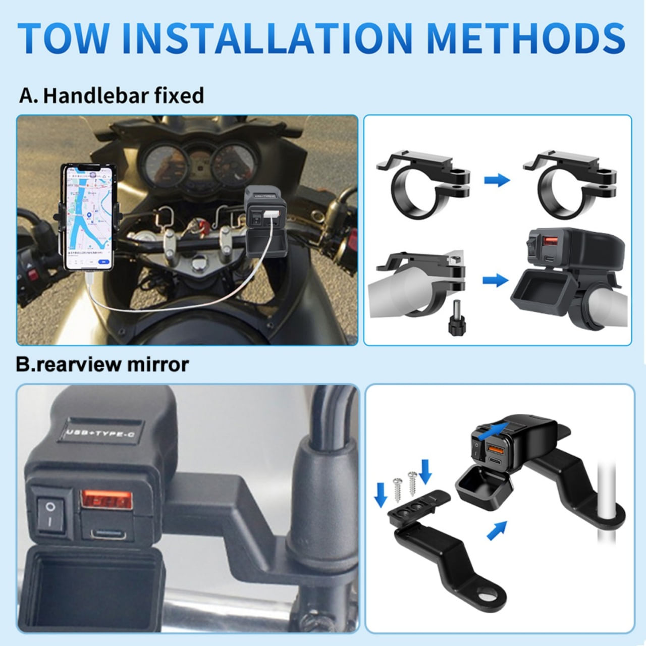 Incarcator USB pentru Motocicleta Techstar® A83PD, Porturi USB-C si USB cu Incarcare Rapida QC3.0, Instalare Dubla - 4 | YEO