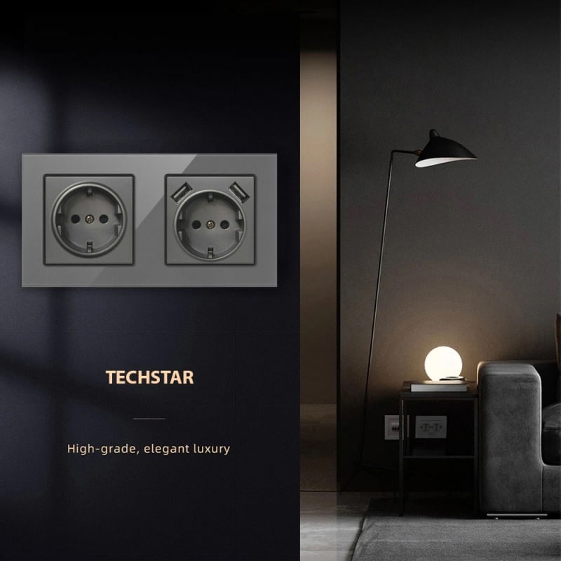 Priza Dubla De Perete Cu 2 Porturi USB Si Panou Din Sticla Techstar® TS-G, 110-250V, 16A, Ignifuga, 80x151mm, Gri - 1 | YEO