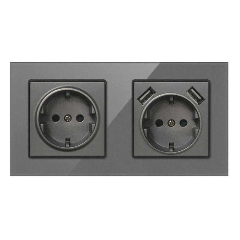 Priza Dubla De Perete Cu 2 Porturi USB Si Panou Din Sticla Techstar® TS-G, 110-250V, 16A, Ignifuga, 80x151mm, Gri - 2 | YEO