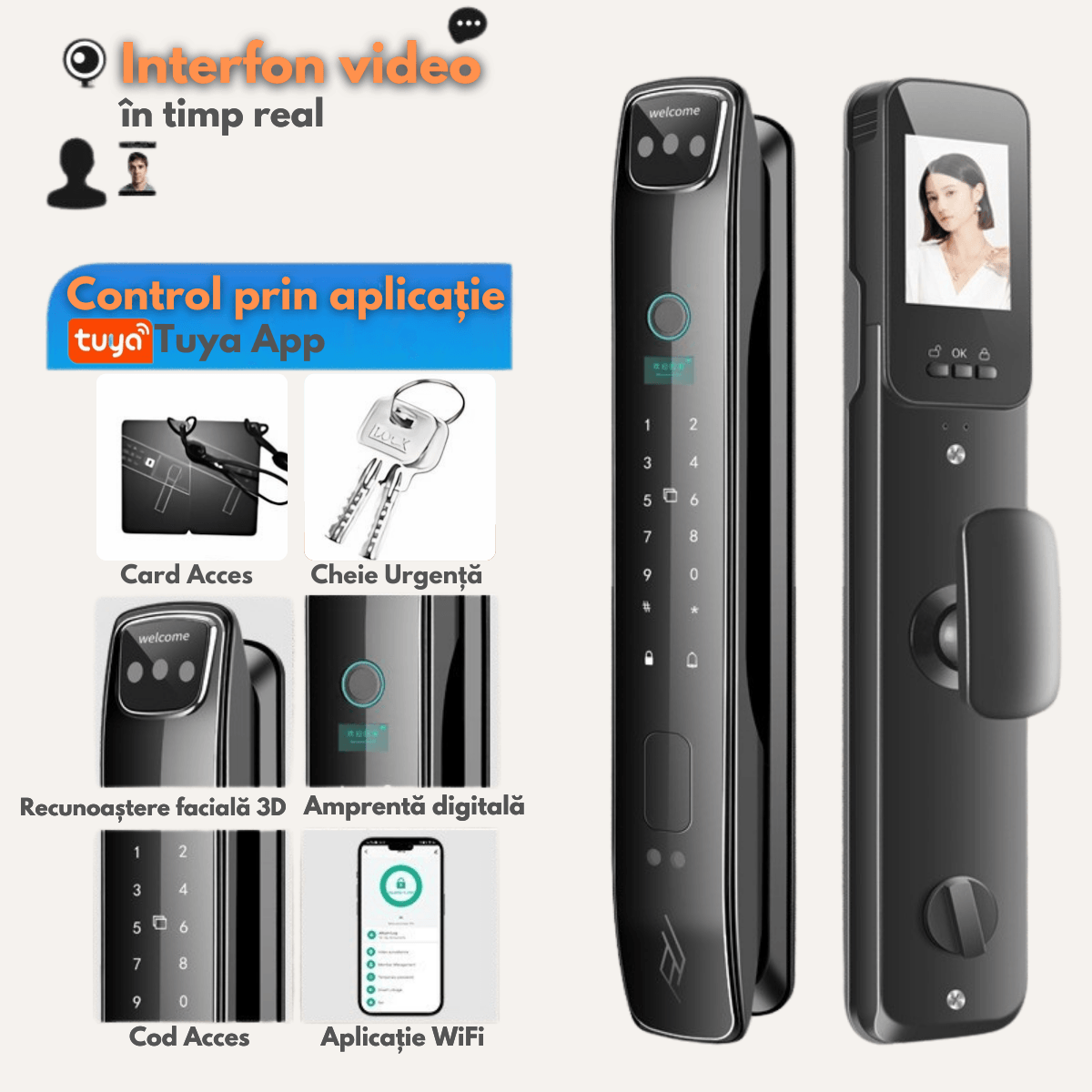 Yala inteligenta Smart cu recunoastere Faciala, Incuietoare cu Camera Video, Amprenta, Card, Parola, Cheie, Aplicatie - imagine 3