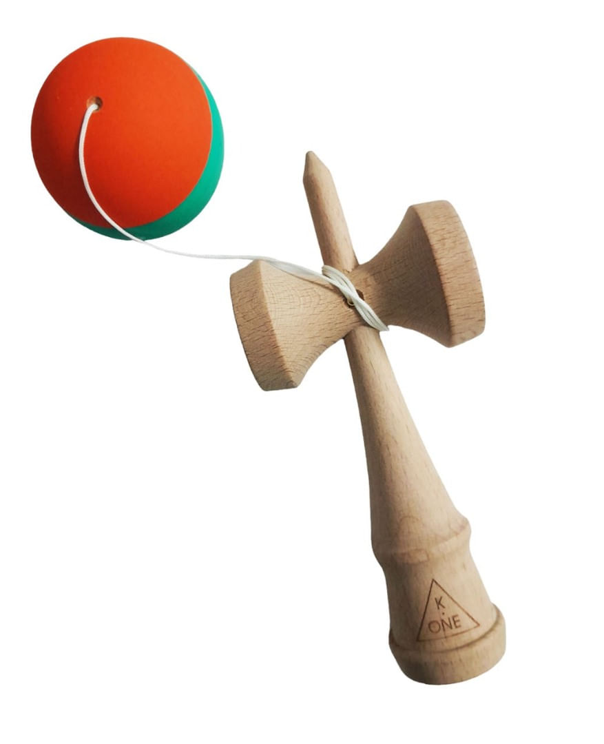 Kendama profesionala, Bila din lemn cu strat de silicon, Portocaliu/Verde, 39KD
