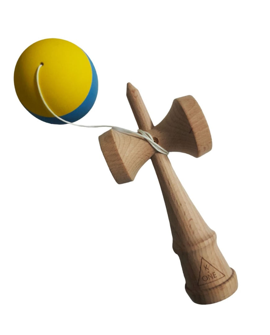 Kendama profesionala, Bila din lemn cu strat de silicon, Galben/Albastru, 37KD