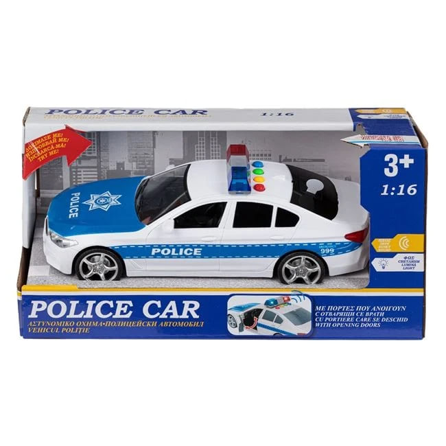 Jucarie masina de politie, cu sunet si lumini, cu usi care se deschid, 30x12x15cm, albastru-alb