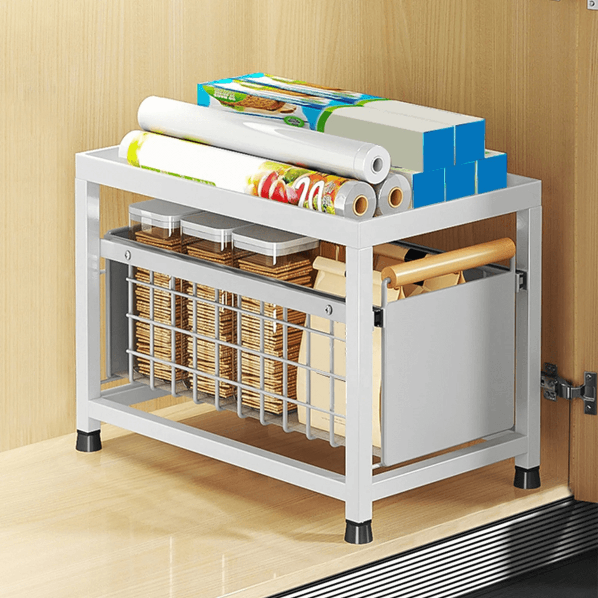 Raft organizator cu 2 sertare, 1 Sertar Glisant, Otel inoxidabil, Pentru Masca chiuveta, Baie, Alb, Versatyx — imaginea 2