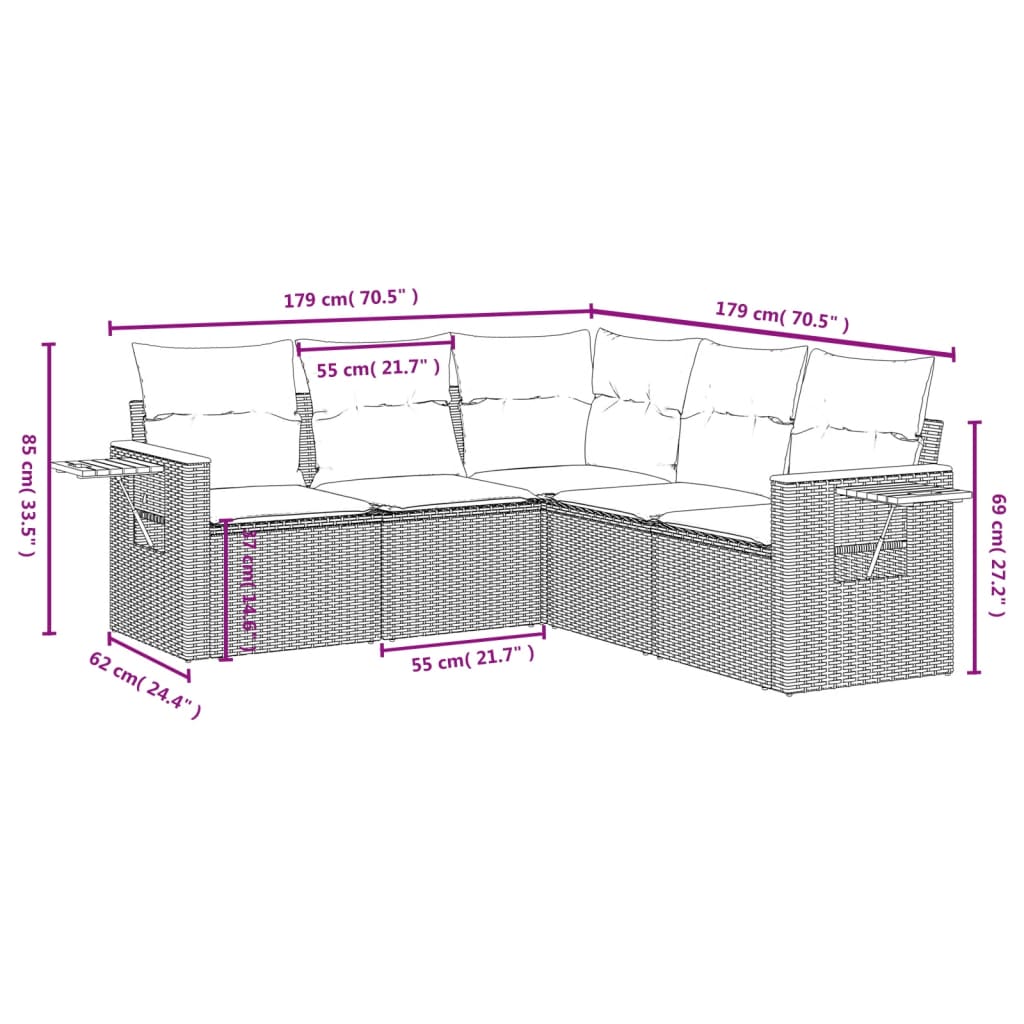 Set mobilier de gradina cu perne, 5 piese, negru, poliratan — imaginea 8