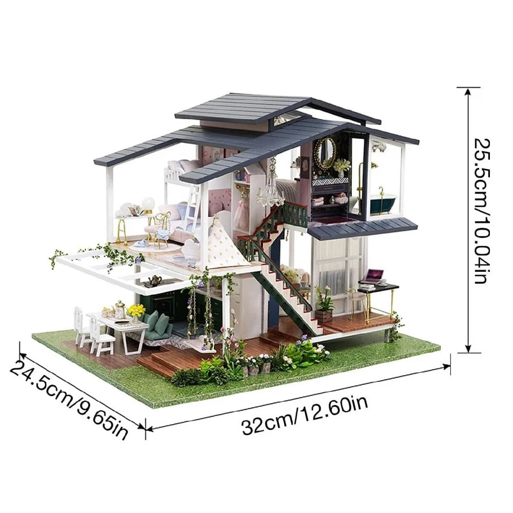 Kit DIY Casuta din lemn, cu mobilier, accesorii si lumina LED, 32x24.5x25.5 cm, multicolor
