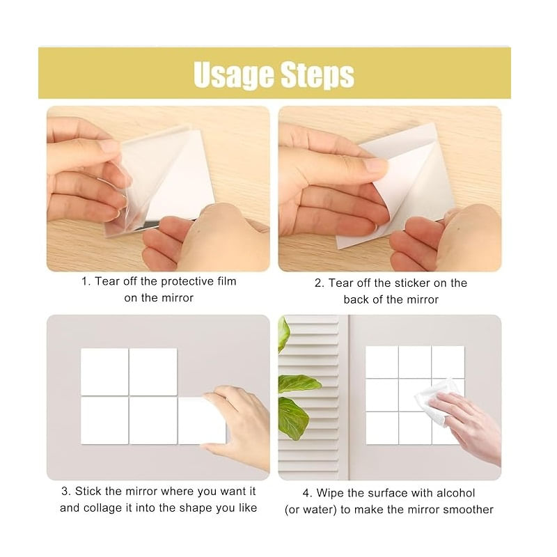 Set de 16 oglinzi acrilice autoadezive, pentru decorarea peretilor, 20x20cm, argintiu