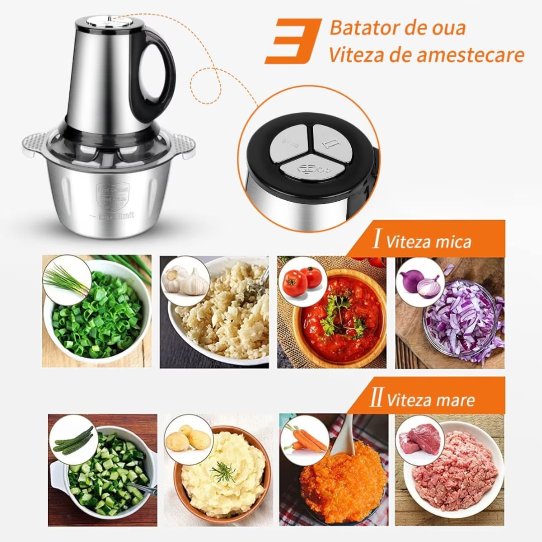 Tocator electric pentru carne si legume, 300W, 4 lame din otel inoxidabil, Capacitate 3L, din Inox, Argintiu - imagine 7