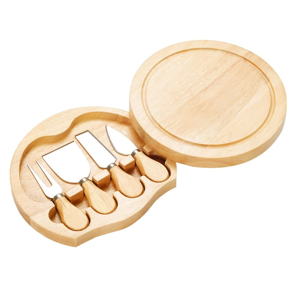 Set cu 4 cutite pentru branza cu suport, tocator si manere din lemn, lame din otel, maro deschis — imaginea 5