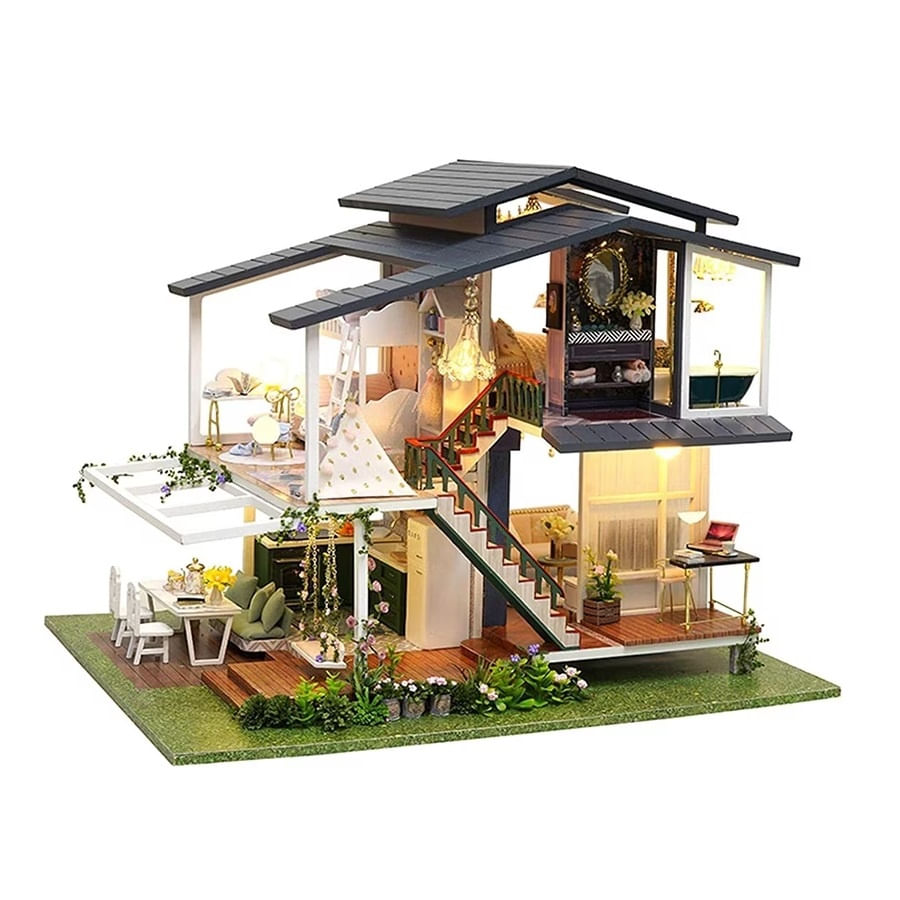 Casa pentru copii, de asamblat DIY, din lemn, cu mobilier si iluminare, 23.5x32x24.5 cm, alb-negru