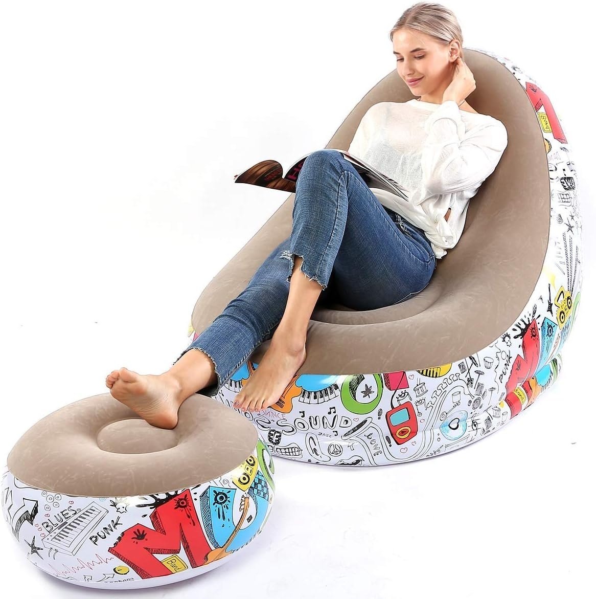 Set fotoliu gonflabil si suport pentru picioare, pompa, din PVC, 116x 98x83 cm, albastru/maro/verde-multicolor — imaginea 2