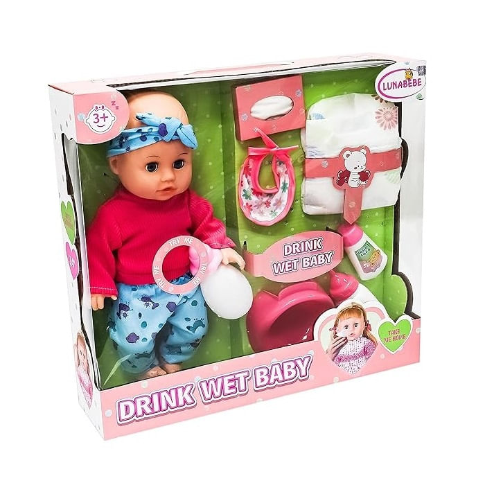 Bebelus de jucarie care bea si uda scutecul, Drink Wet Baby, cu hainute si accesorii, pentru copii de 3+ ani,