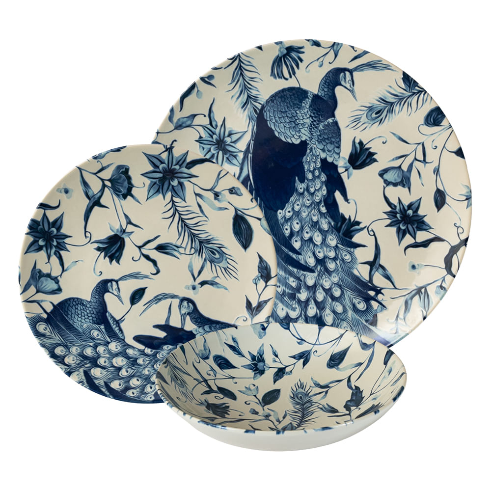 Set farfurii 12 piese, 4 persoane, set cu farfurie adancă-Ensemble Pavone Elegante - Set Veselă Italiană Porțelan
