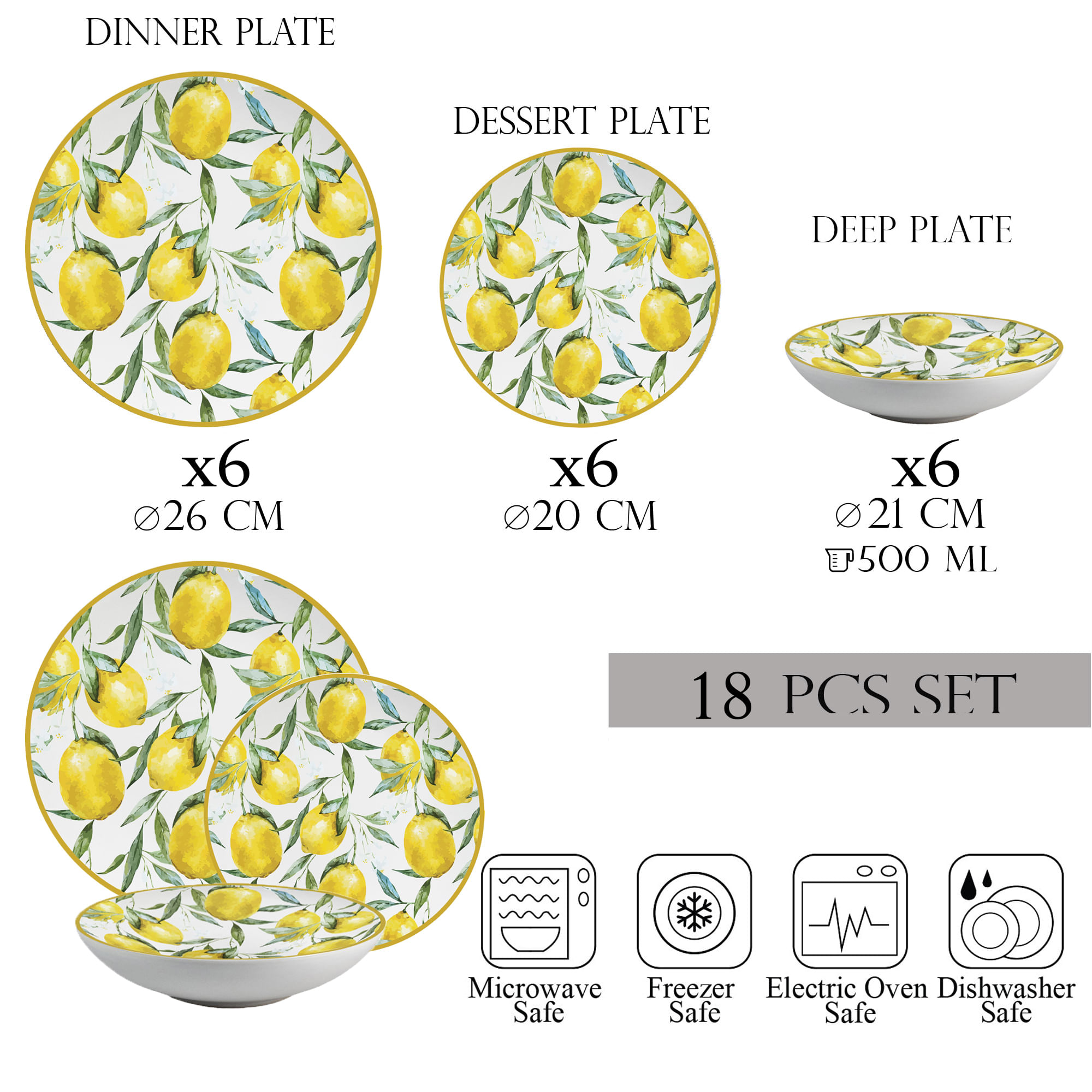 Set farfurii 18 piese, 6 persoane, set cu farfurie adancă- Set de Veselă Limone di Lusso - Set Veselă Italiană Porțelan
