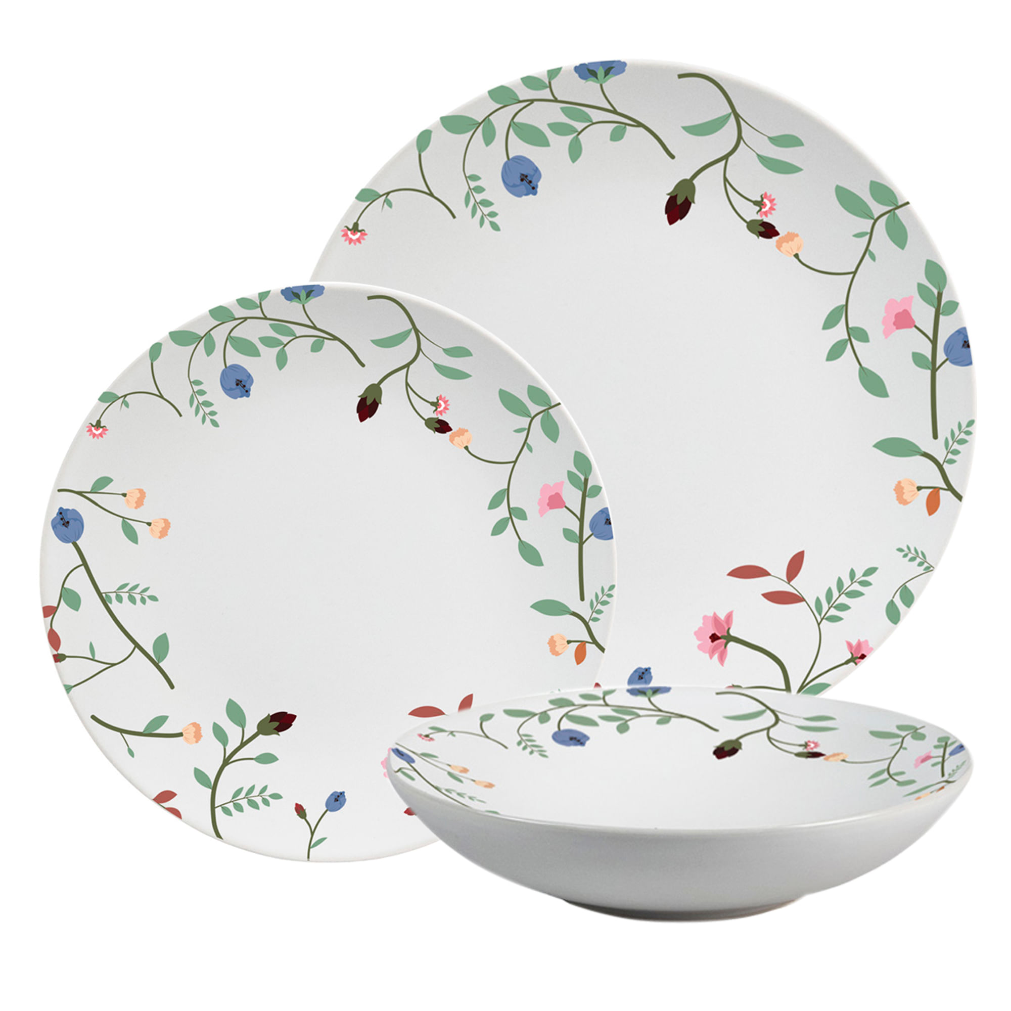 Set farfurii 18 piese, 6 persoane, set cu farfurie adancă- Insieme Fiori Eleganti - Set Veselă Italiană Porțelan