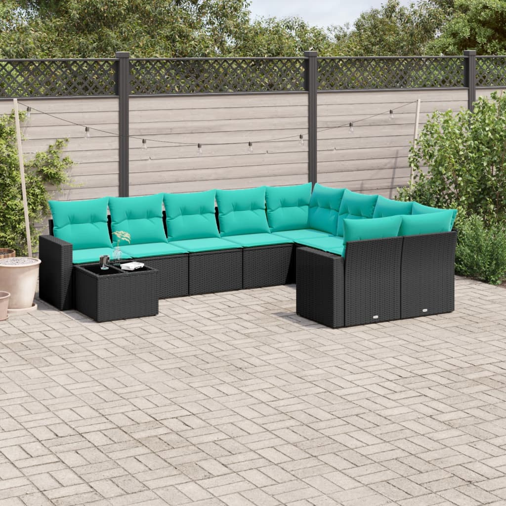Set canapele de gradina cu perne, 10 piese, negru, poliratan — imaginea 2