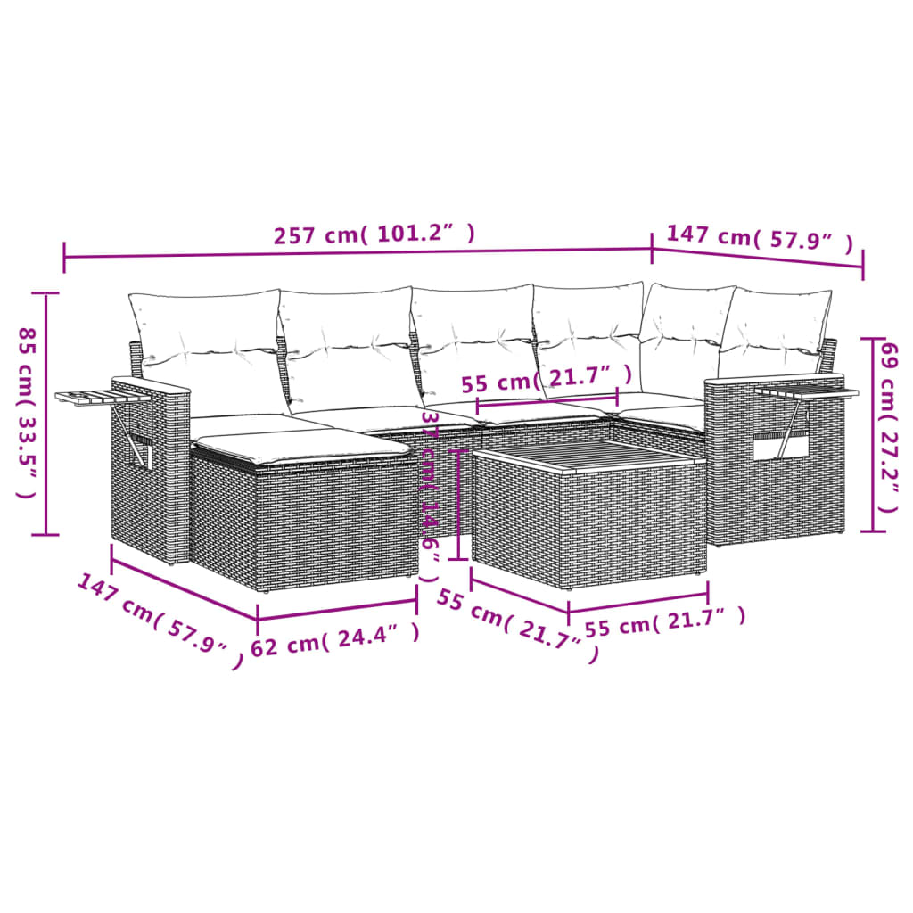 Set canapele de gradina cu perne, 7 piese, negru, poliratan — imaginea 10