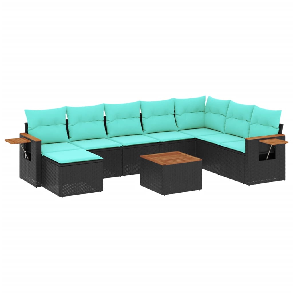 Set mobilier de gradina cu perne, 9 piese, negru, poliratan