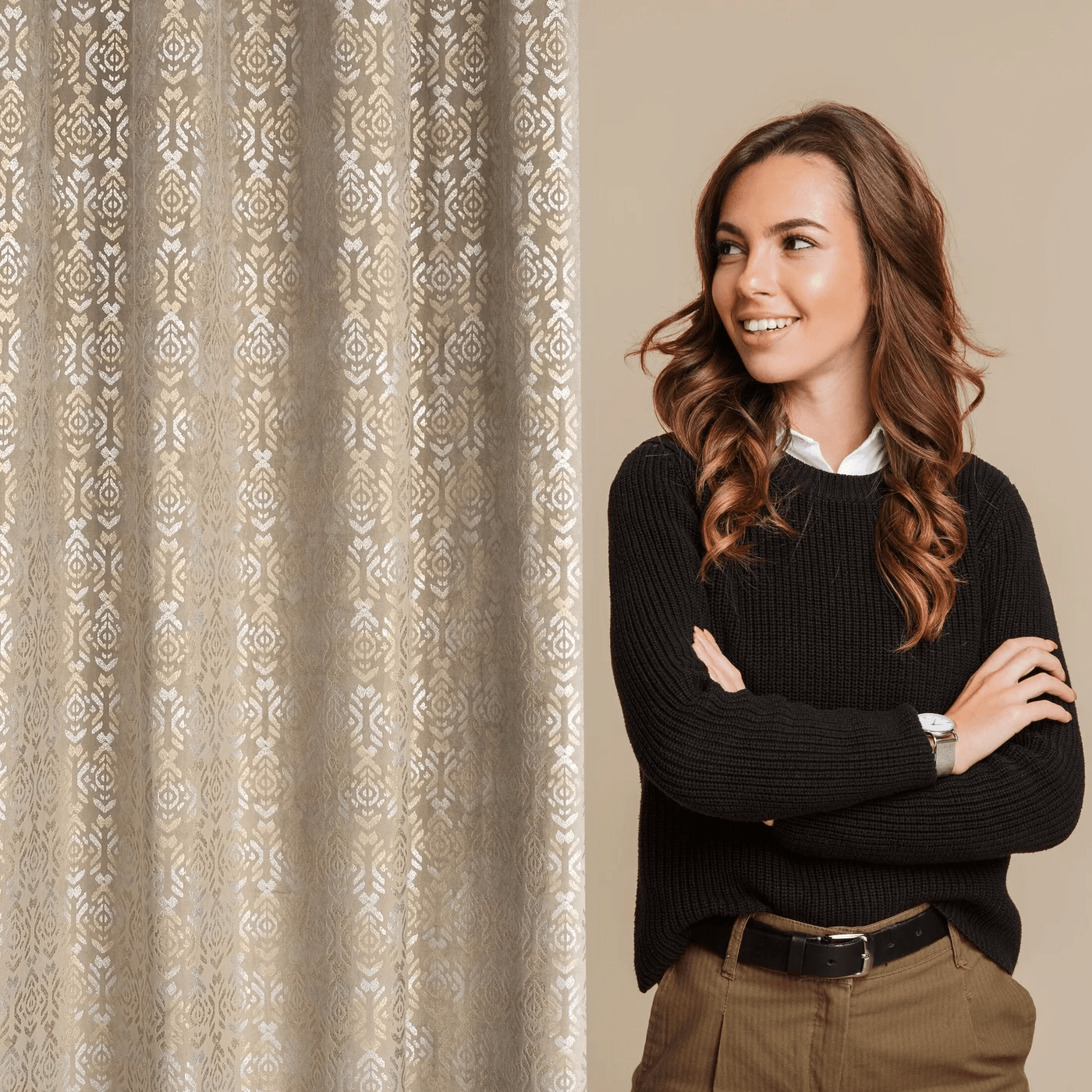 Draperie LAURA din catifea cu model de tip boho argintiu-auriu, 140 x 250 cm, - 1 | YEO