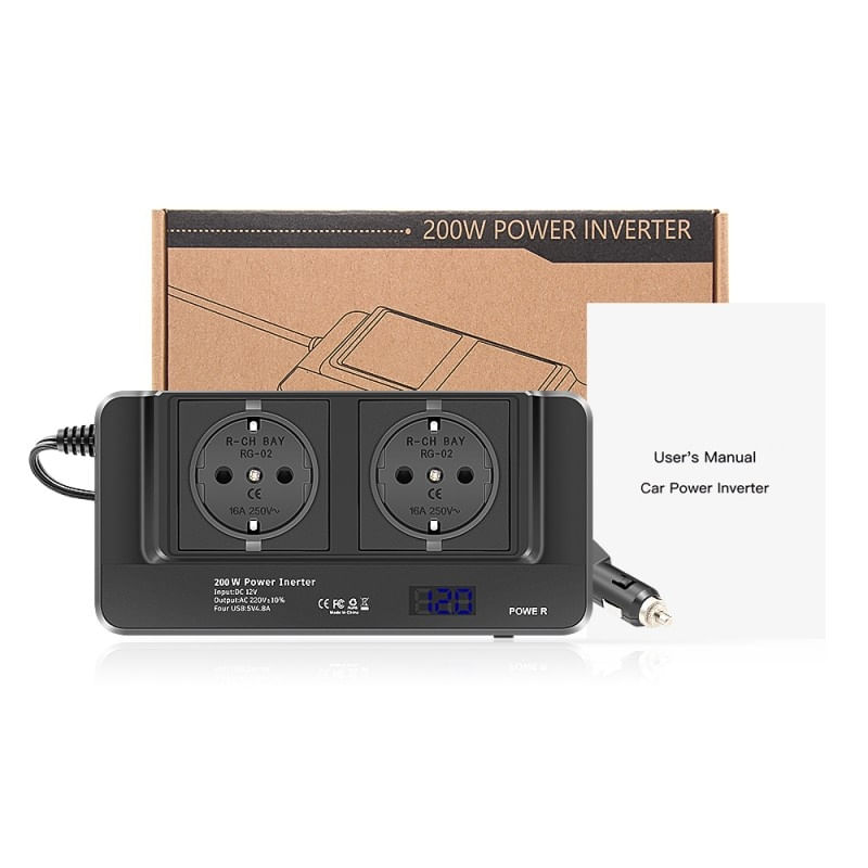Invertor de putere cu unda sinusoidala Techstar®, 200W, DC12V la AC220V, Afisaj LCD, 2 prize AC EU, 4 Porturi USB - 2 | YEO