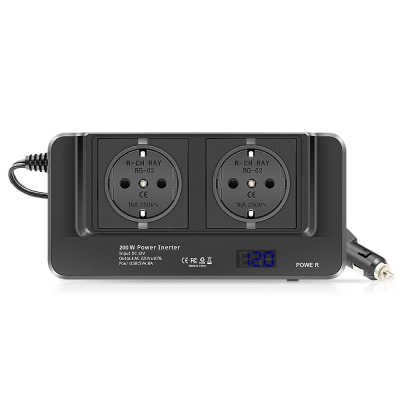Invertor de putere cu unda sinusoidala Techstar®, 200W, DC12V la AC220V, Afisaj LCD, 2 prize AC EU, 4 Porturi USB