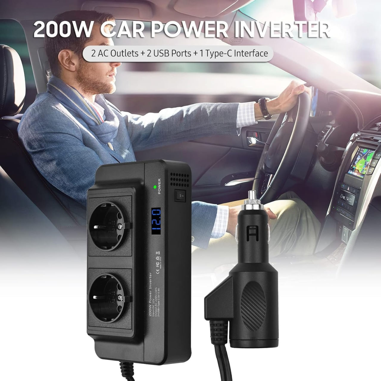 Invertor de Putere Sinusoidal Techstar®, 200W~400W, 12V la 220V – 2 Prize AC EU, 2 Porturi USB QC si 1 USB-C, cu Afisaj - 1 | YEO