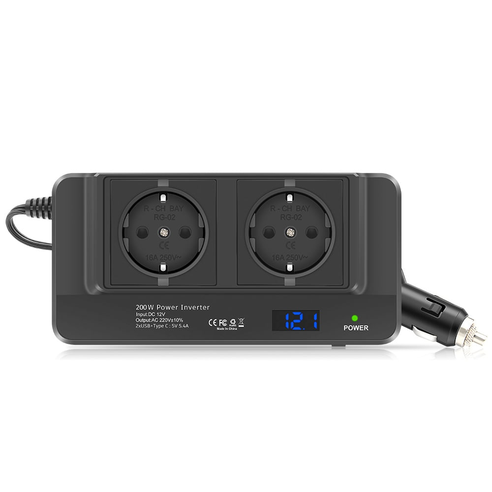 Invertor de Putere Sinusoidal Techstar®, 200W~400W, 12V la 220V – 2 Prize AC EU, 2 Porturi USB QC si 1 USB-C, cu Afisaj - 2 | YEO
