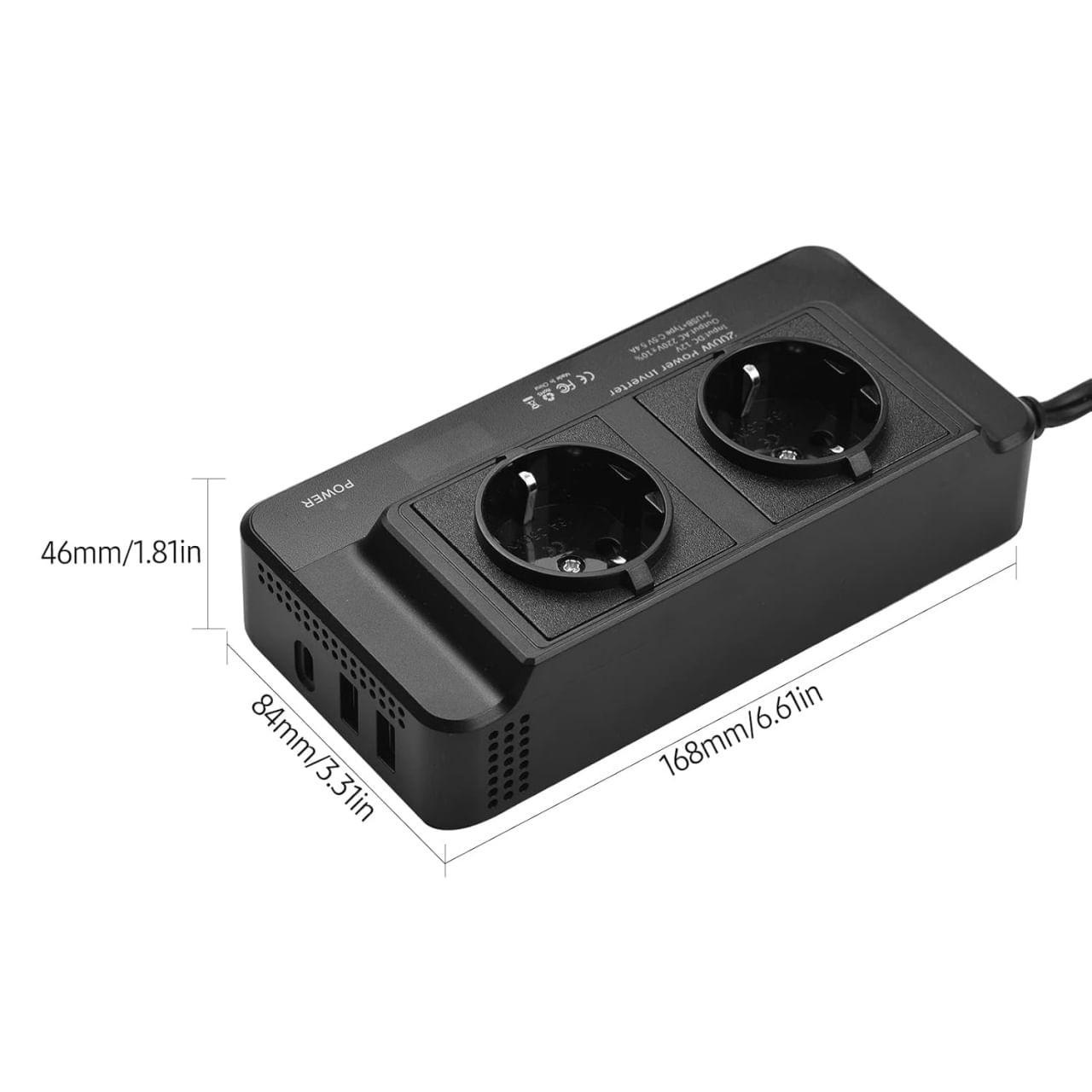 Invertor de Putere Sinusoidal Techstar®, 200W~400W, 12V la 220V – 2 Prize AC EU, 2 Porturi USB QC si 1 USB-C, cu Afisaj - 3 | YEO