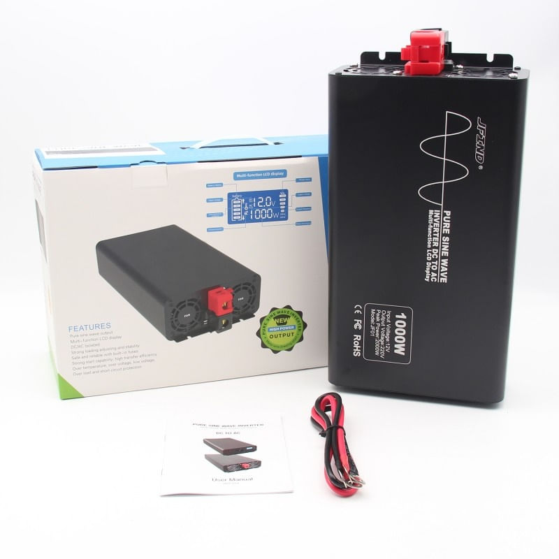 Invertor de putere cu unda sinusoidala pura Techstar®, DC 12V la AC 220V, Afisaj LCD, 1000w, Pretabil Rulota