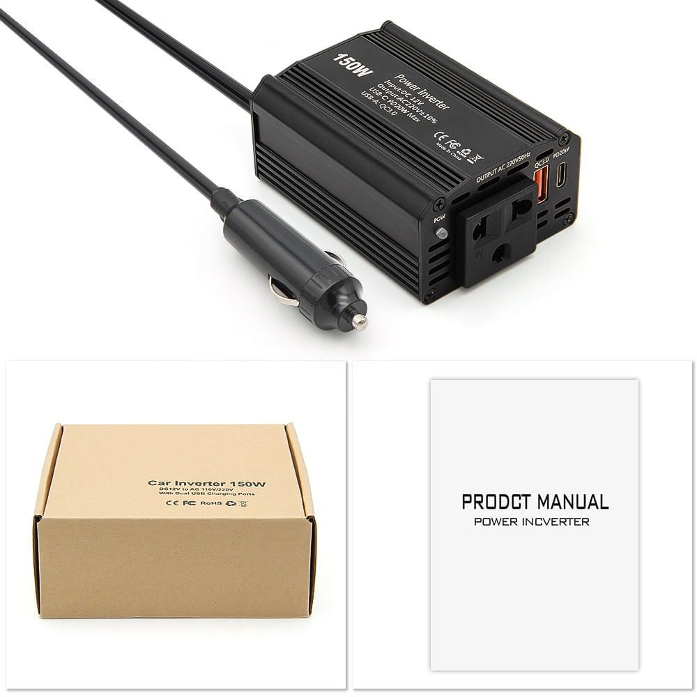 Invertor de Putere Auto Techstar® 150W - 12V DC la 220V AC, cu Porturi USB-C si USB-A pentru Incarcare Rapida - 4 | YEO