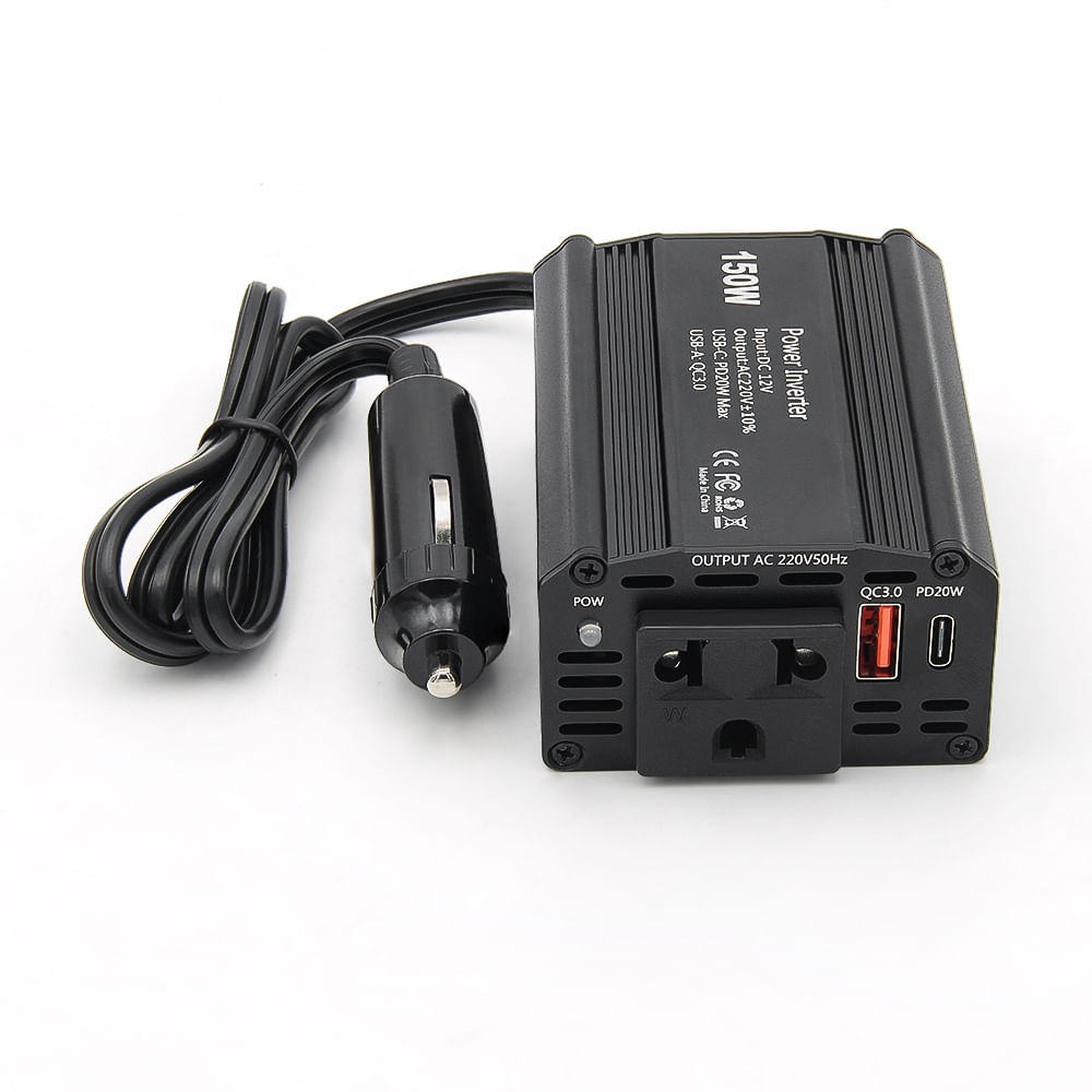 Invertor de Putere Auto Techstar® 150W - 12V DC la 220V AC, cu Porturi USB-C si USB-A pentru Incarcare Rapida