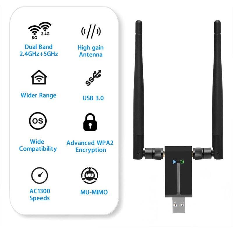 Adaptor Wireless Techstar® AC 1200 Dual-Band, 1200Mbps, USB 3.0, 2.4G/5G, Long Range, 2 Antene, Negru