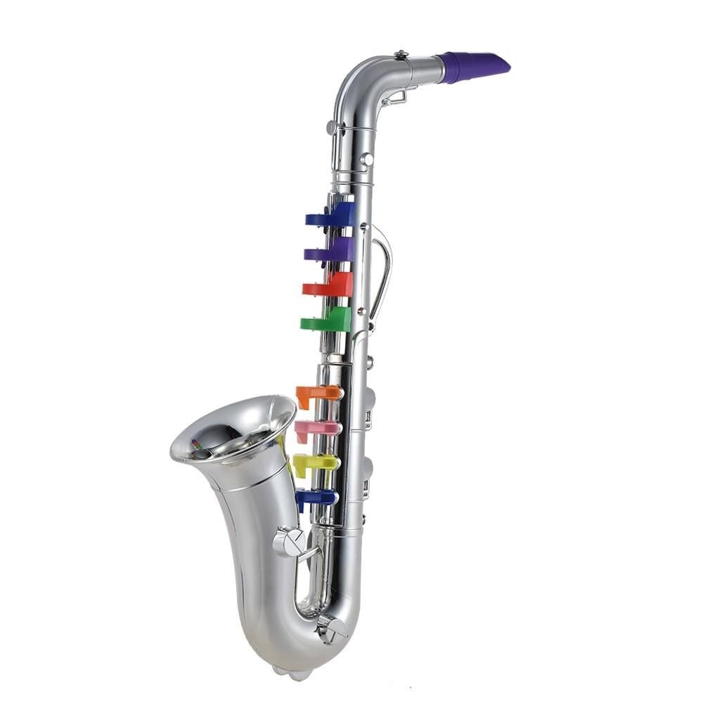 Saxofon de jucarie, cu 8 taste, pentru copii 2+ ani, din ABS, 35cm lungime, argintiu
