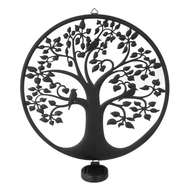 Decoratiune solara, din metal, model copac cu pasari, diametru 40cm, negru