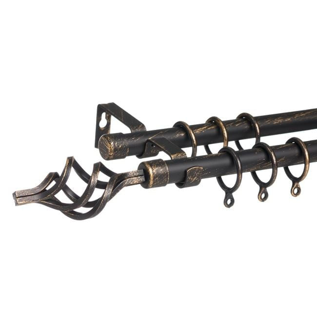 Galerie metalica dubla pentru perdele, extensibila, cu finisaj vintage, 110-200 cm, auriu-negru